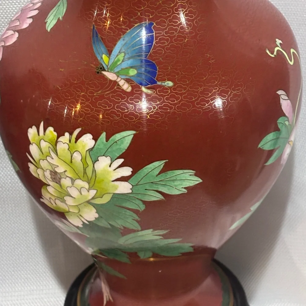 Pair of Vintage Chinese Cloisonné Vases – Red Floral Enamel Brass – 11” Tall w/ - Picture 2 of 15